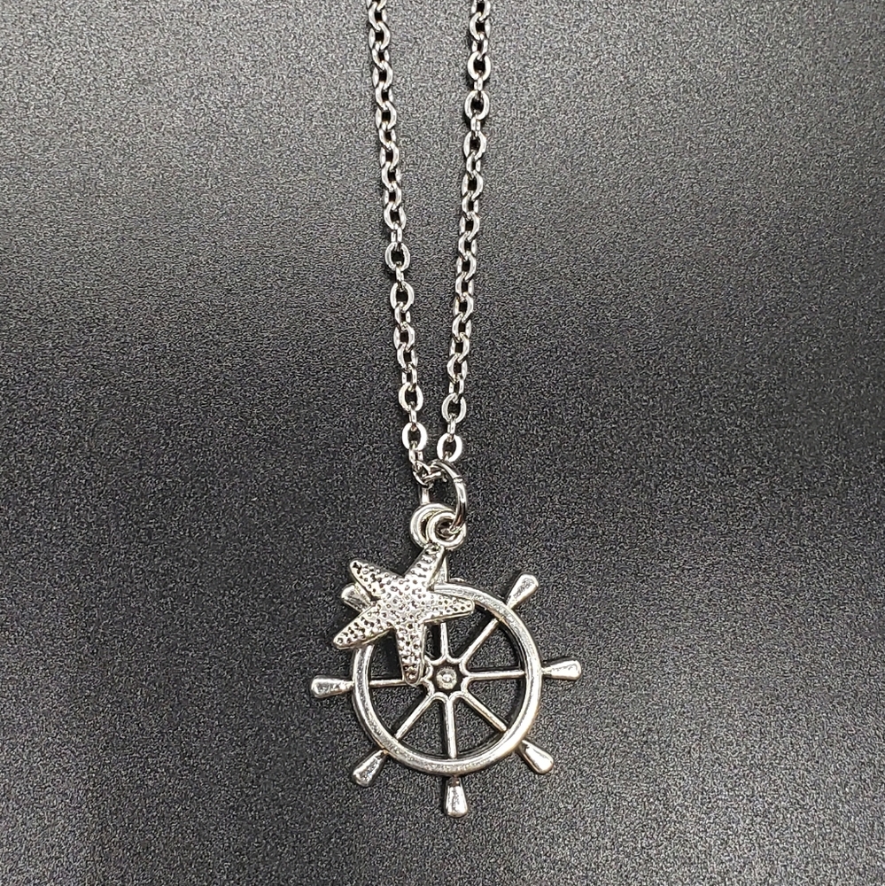 Ship Wheel Silver Pendant Necklace